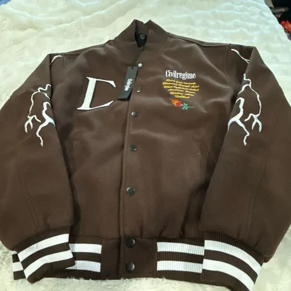 NWT civil regime, brown bomber varsity jacket size large - Picture 1 of 4